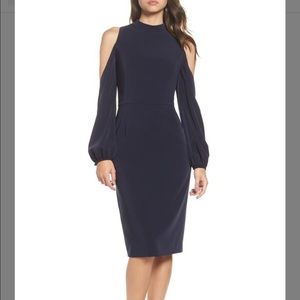Maggy London Navy Blue Cold Shoulder Midi Cocktail Dress 2P